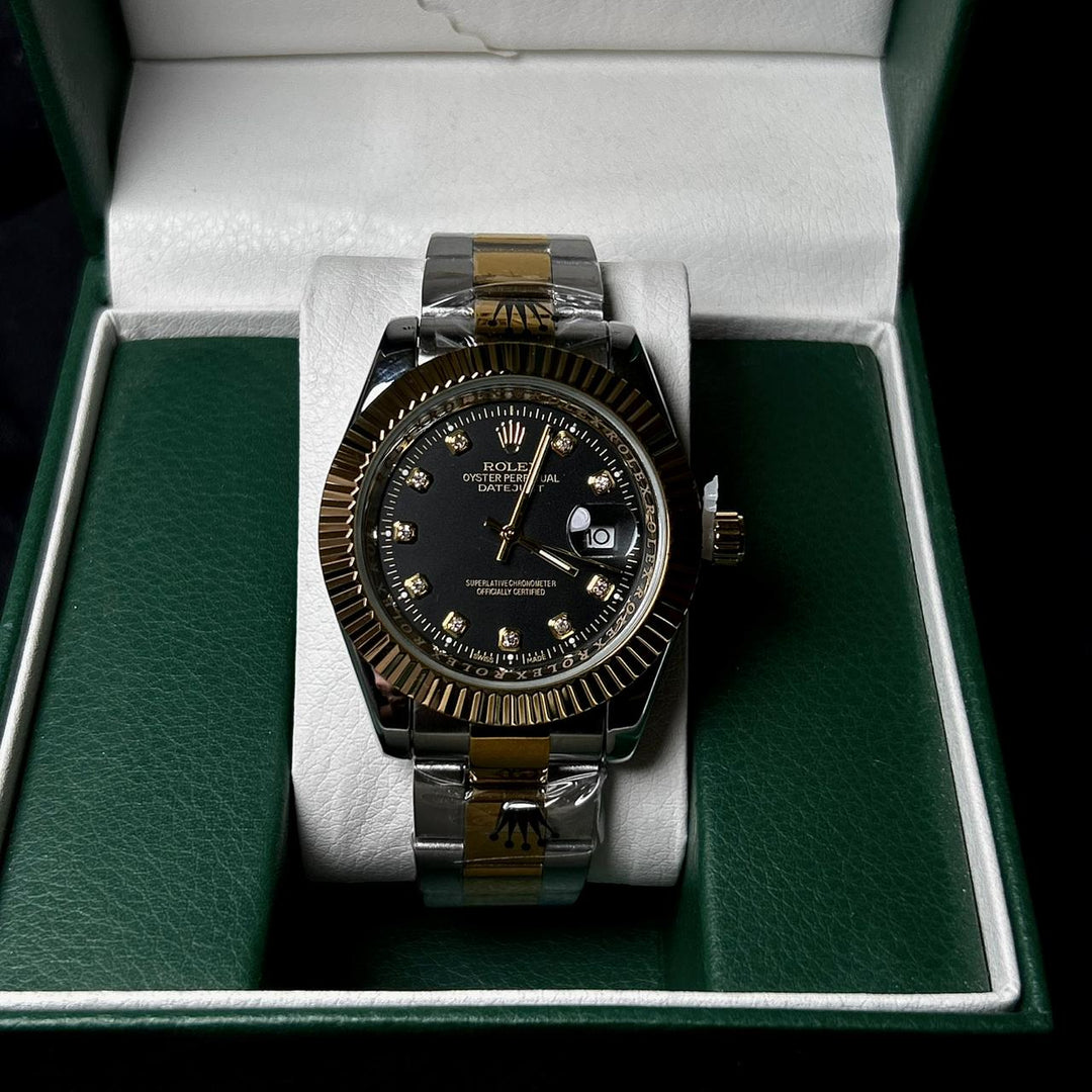 Rolex Date just Diamon Smooth Bezel For Him - Two Tone Black Dial - Giiz store