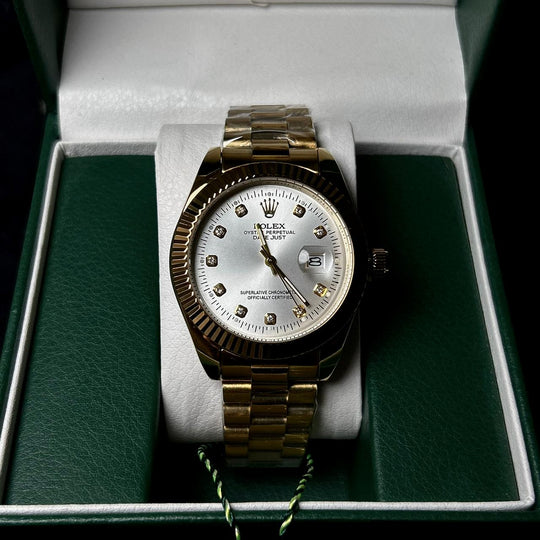 Rolex Date just Diamond For Him - Golden Silver Dial - Giiz store