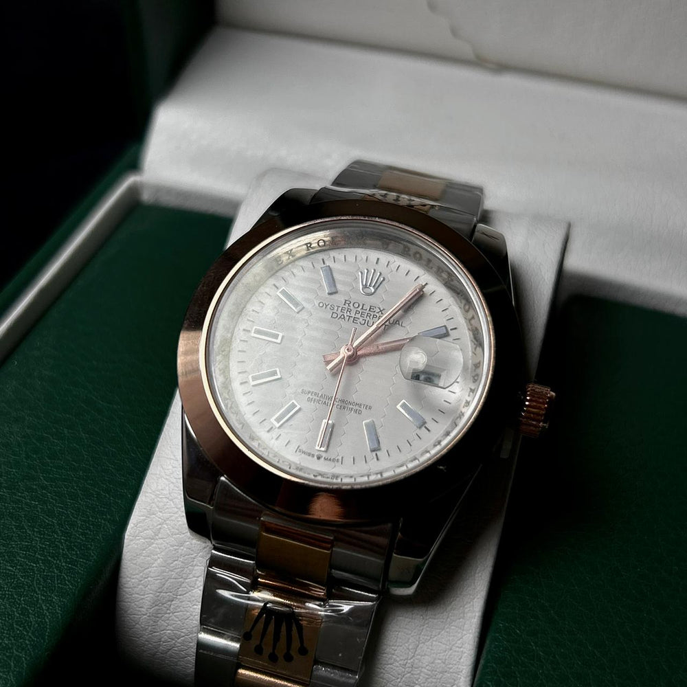 Rolex Date just Smooth Bezel Textured Dial For Him - Two Tone Rose White Dial - Giiz store