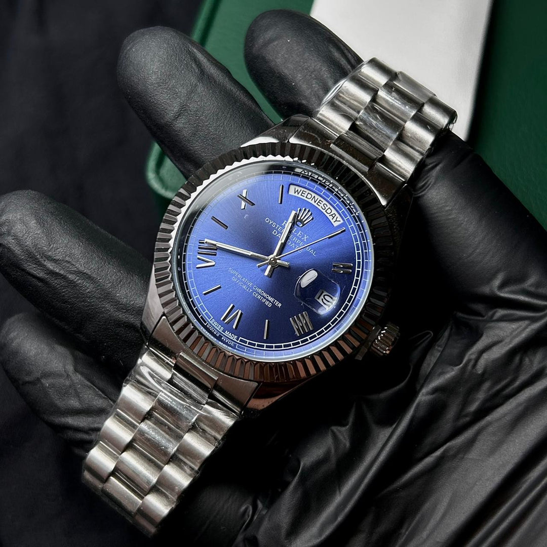 Rolex Day Date Roman Style For Him - Silver Golden Blue Dial - Giiz store