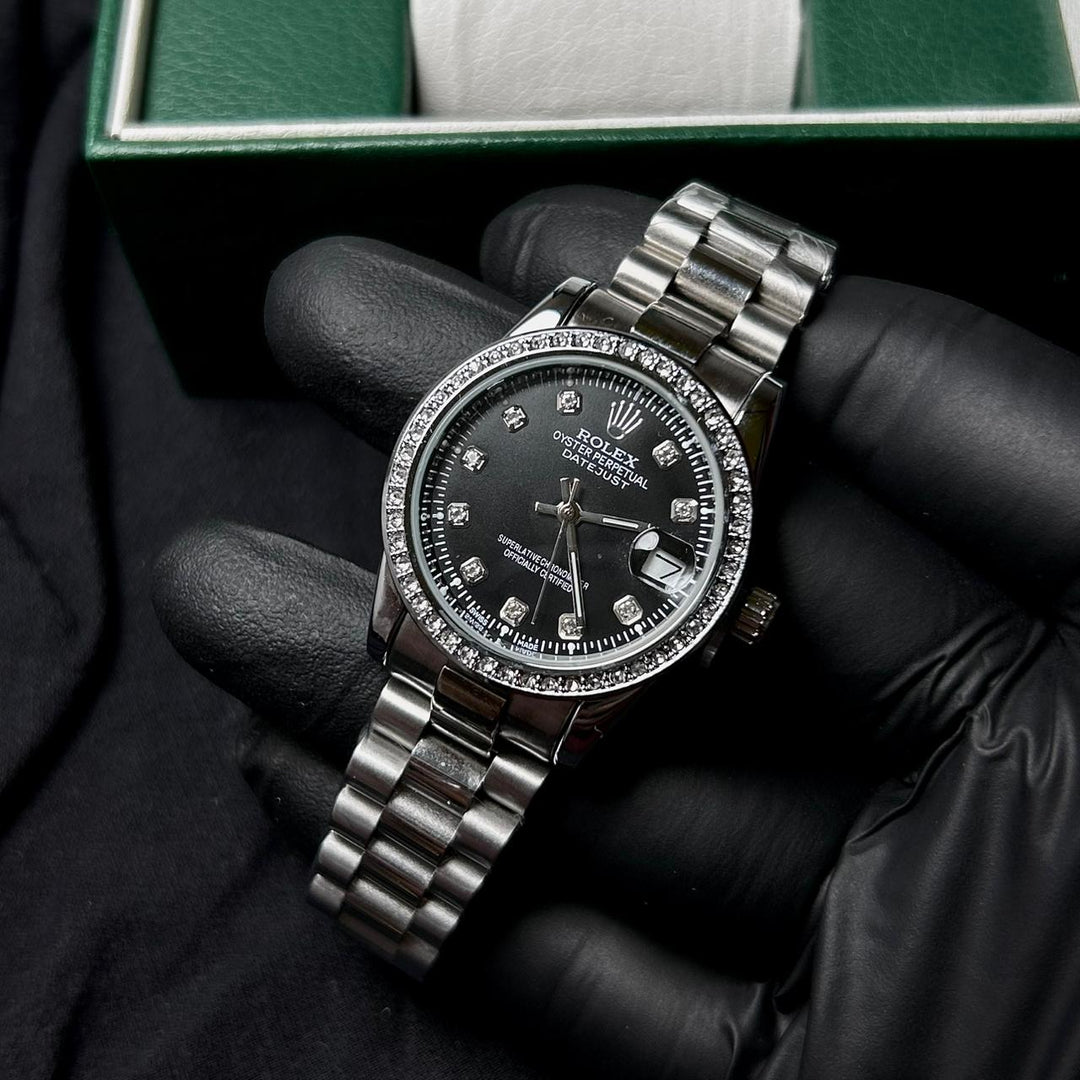 Rolex Full Diamond Date Just For Her - Silver Black - Giiz store