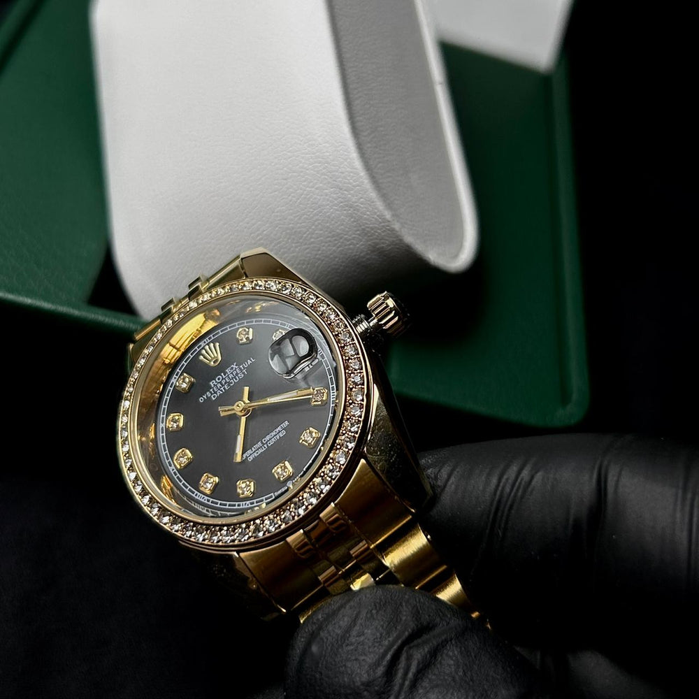 Rolex Full Diamond Date Just 'Org Clasp' For Her - Golden Black - Giiz store