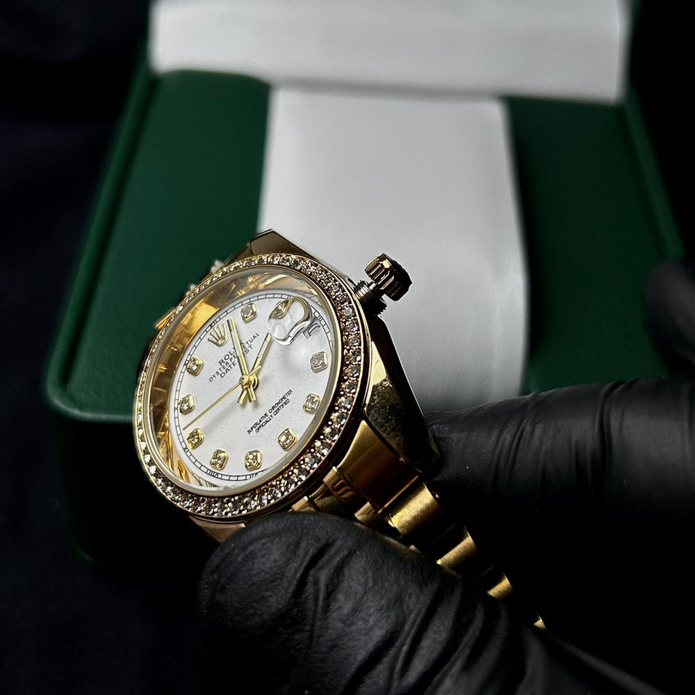 Rolex Full Diamond Date Just 'Org Clasp' For Her - Golden White - Giiz store