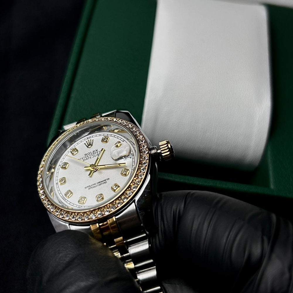 Rolex Full Diamond Date Just 'Org Clasp' For Her - Two Tone White - Giiz store